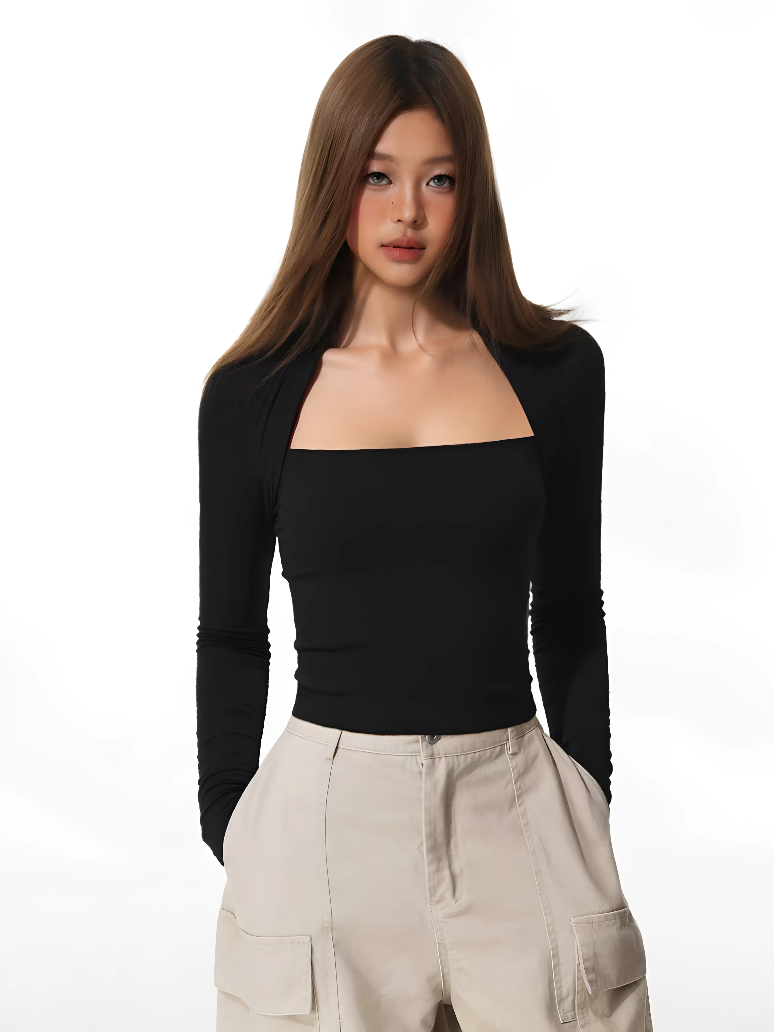 Spring 2026 Women's Slim Fit Long Sleeve T-Shirt Square Collar Base Shirt Sexy Inner Wear Outer Wear Shoulder Level Top