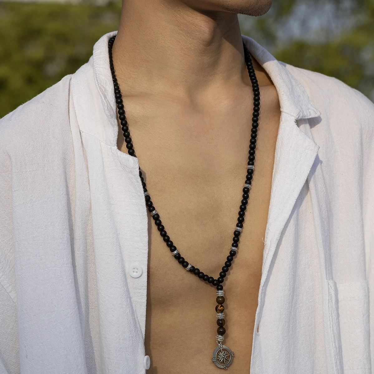 Vintage Black Beaded Chain Compass Long Pendant Necklace for Men Tiger Stone Beads Tassels Collar on the Neck Male Jewelry Gifts