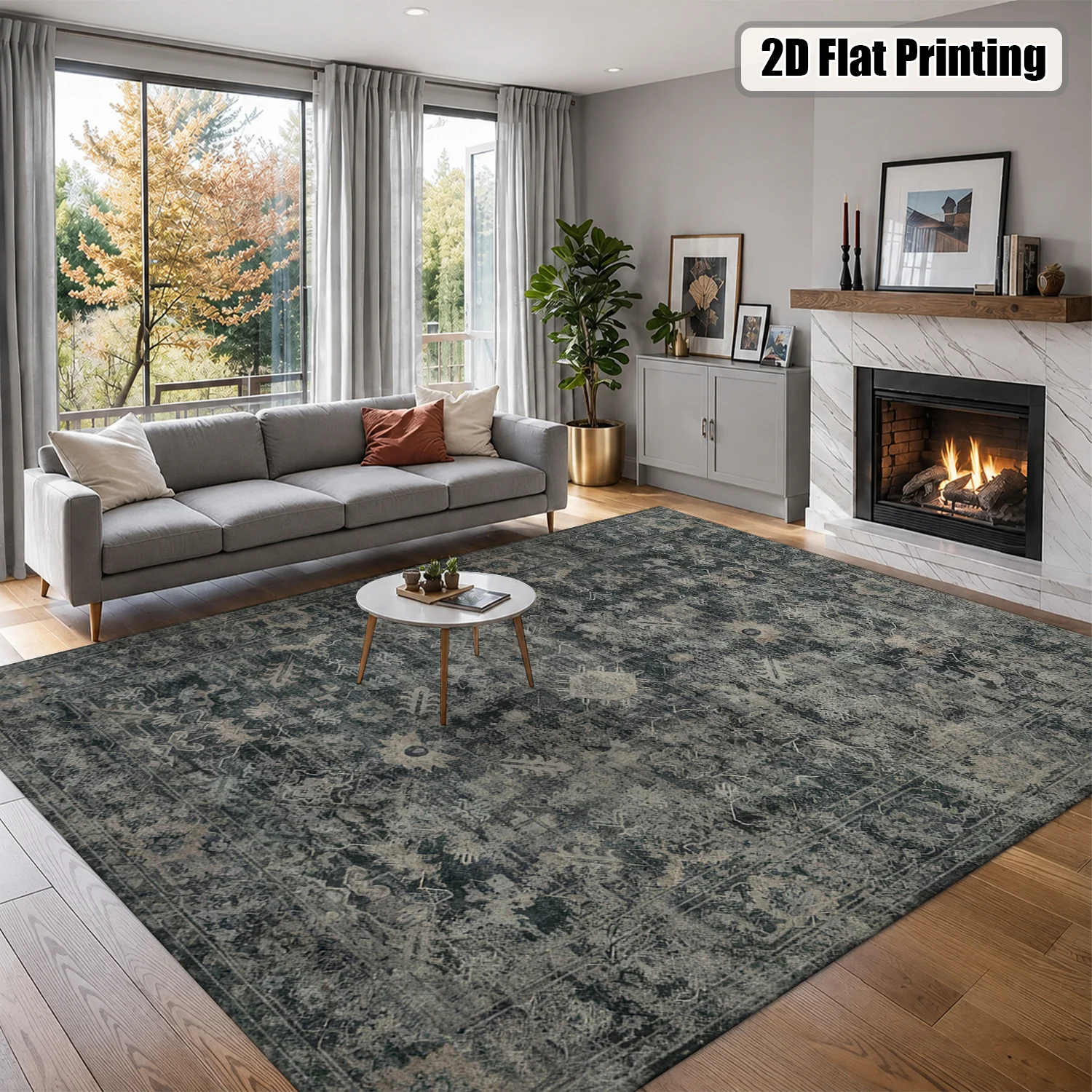 Large Indoor Area Rug, Soft Velvet Low Pile, Non-slip Dotted Backing, Machine Washable Vintage Distressed Oriental Pattern Rug for Living Room, Bedroom Muted Gray Home Floor Accent - view 4