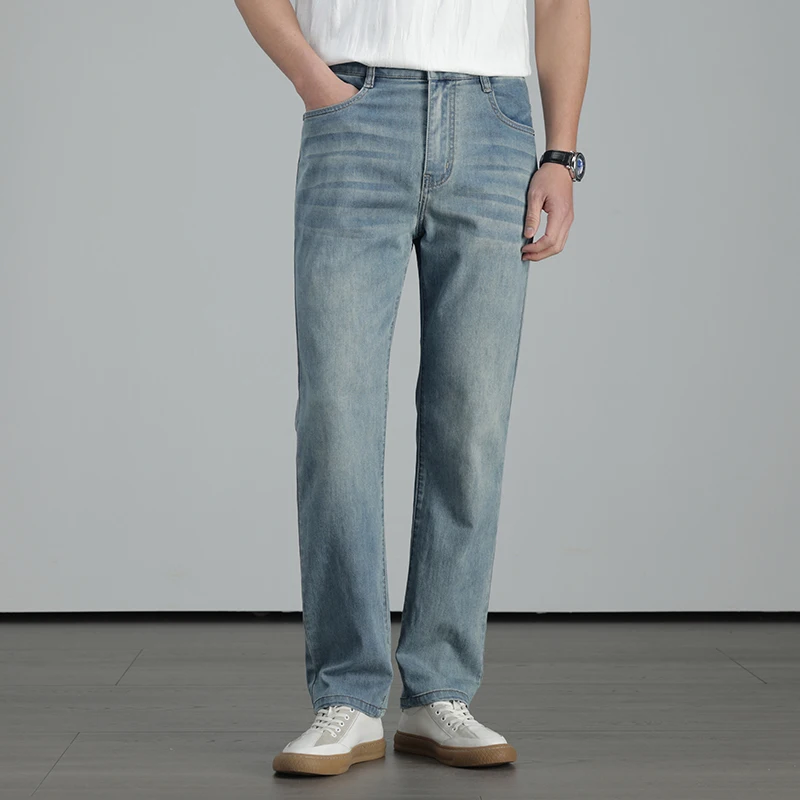 

Summer Men's Lightweight Straight Jeans High Quality Lyocell Silk Thin Business Casual Denim Pants Retro blue youth trousers
