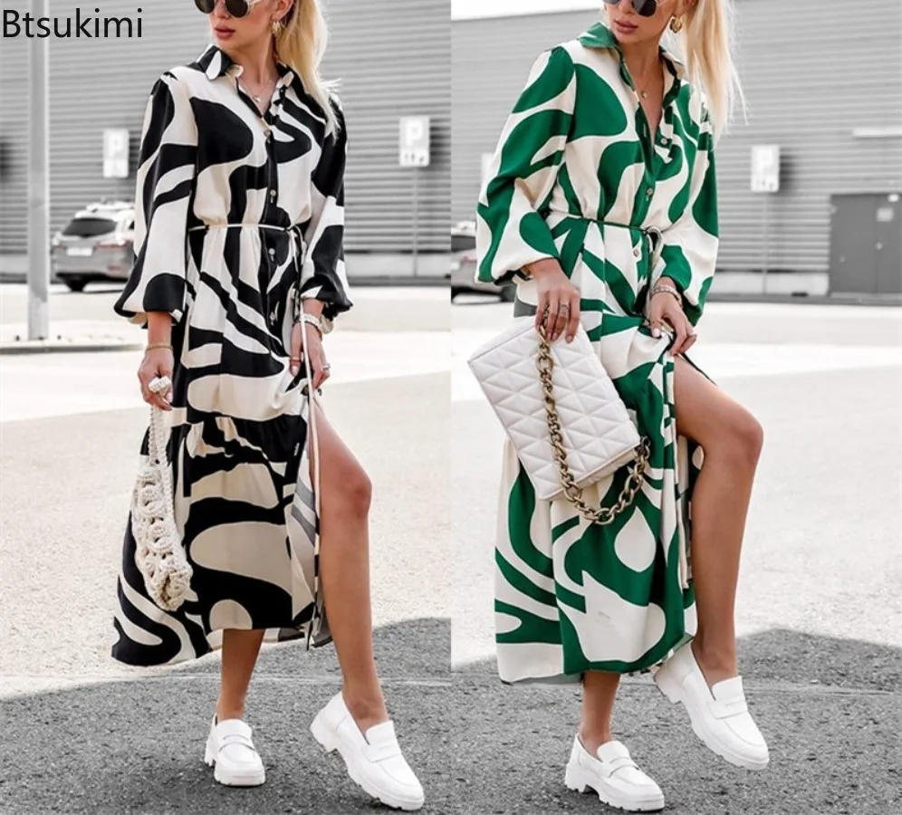 

2024 Fashion Printed Shirt Dress Women's Lantern Sleeve Button Temperament Maxi Dresses Ladies Casual Lace-up Pocket Long Skirts