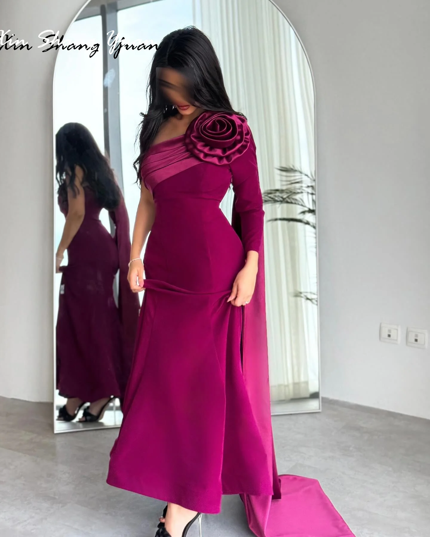 

Customized Evening Dress Exquisite Jersey One Shoulder Long Sleeves Prom Gowns Asymmetrical Watteau Train Flowers Party Dresses