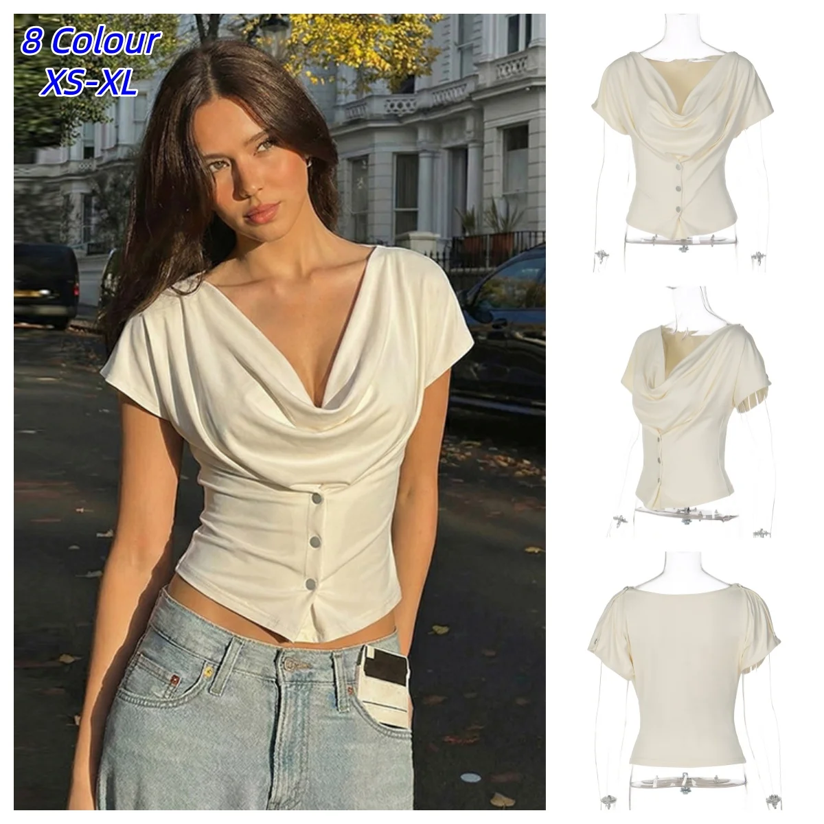 Y2K Women Summer Vest Tees Fashion Button-Front Patchwork V-Neck Pleated Fitted Tops Casual High-Street Party Female T-Shirts