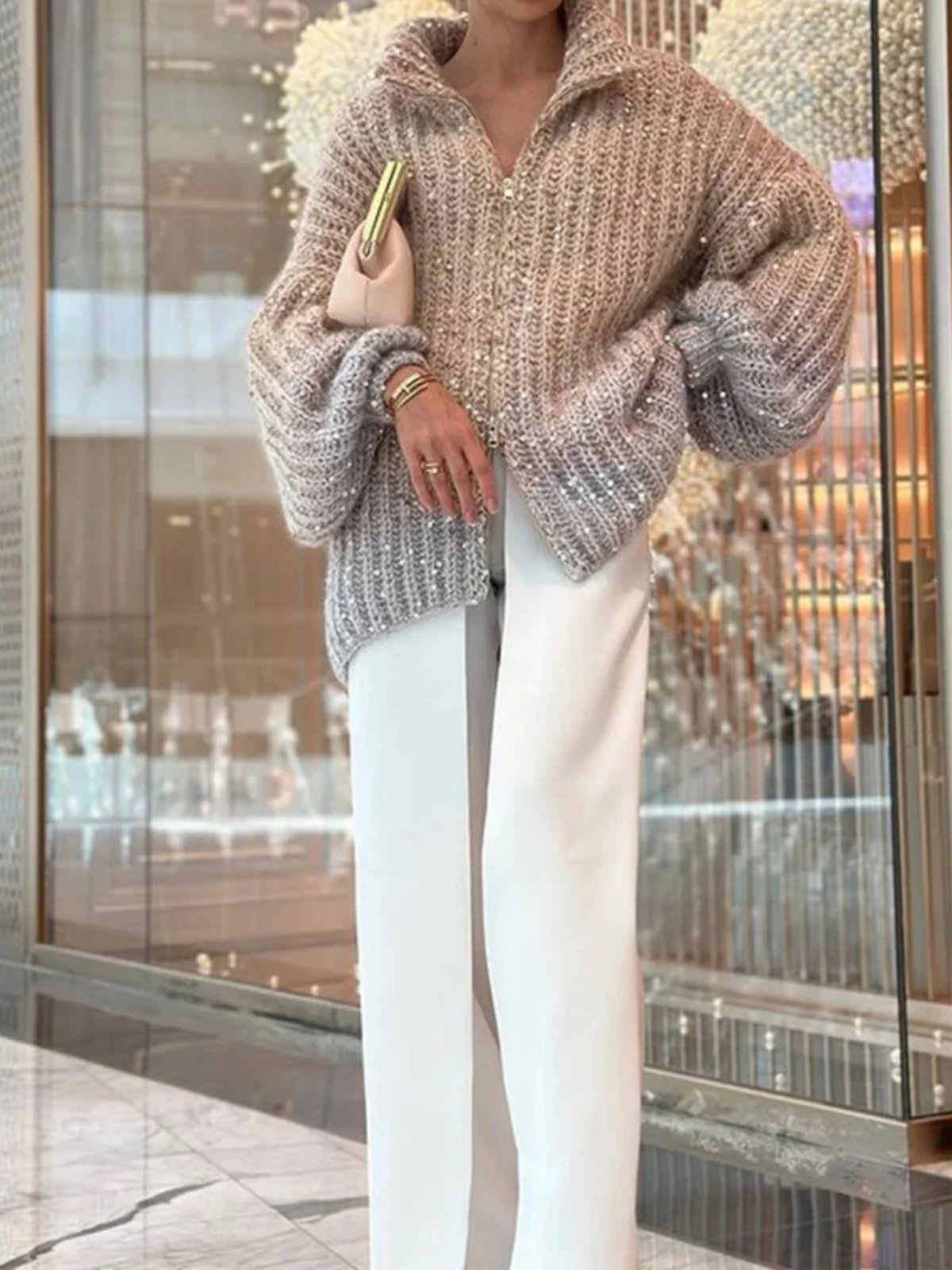 

Small Wind Bead Knit Coat Pearl Design Street Sle Long Sve Stand Collar Knitted Outerwear Women's Faion Autumn Season