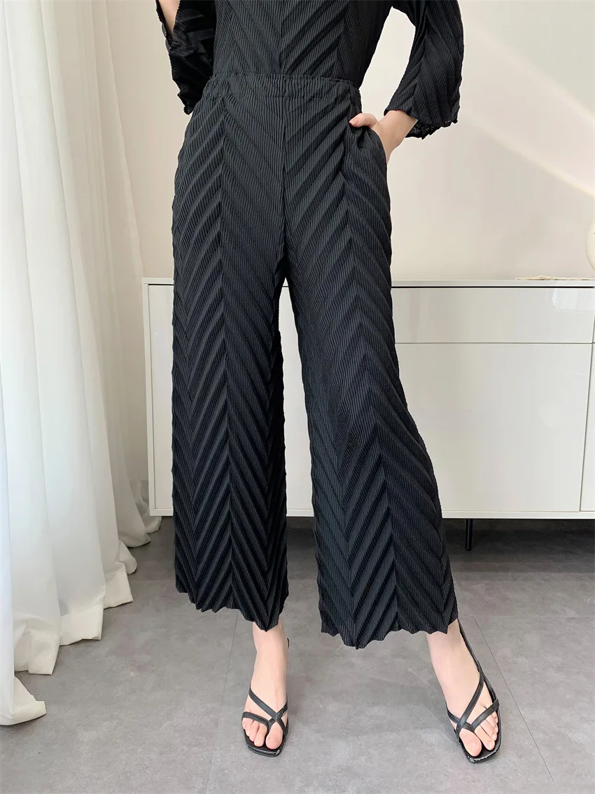 Miyake Hand-pleated Women's Casual Solid Color Loose Large Size Elastic Waist Wide Leg Pants