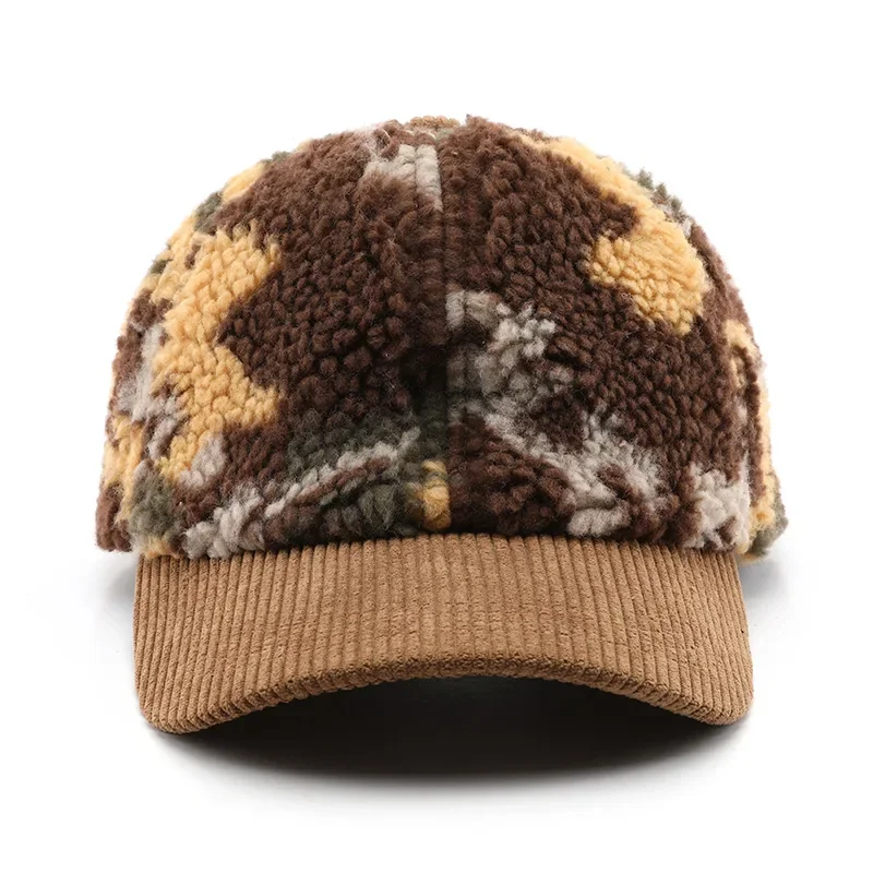 Camouflage Lamb Wool Baseball Cap Men Women Winter Thick Warm Adjustable Patchwork Hat Unisex Outdoor Windproof Dad Trucker Caps