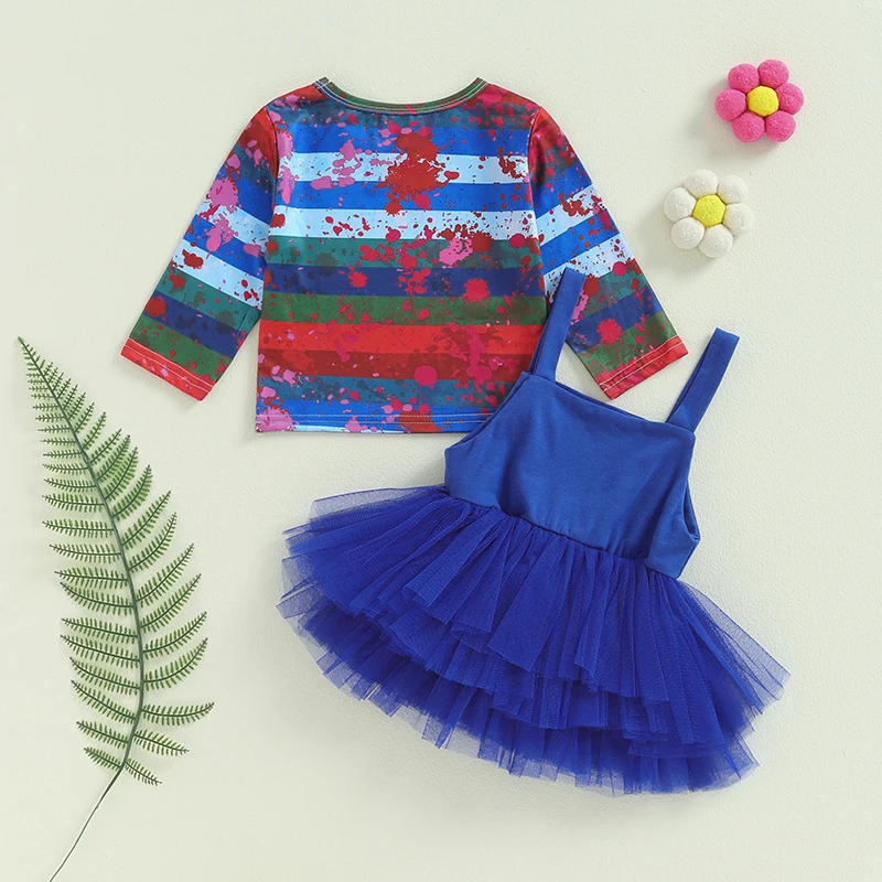 Toddler Girl Clothes Outfit Bloody Stripe Print Long Sleeve Tops and Tulle Suspender Skirt Set Children Clothing