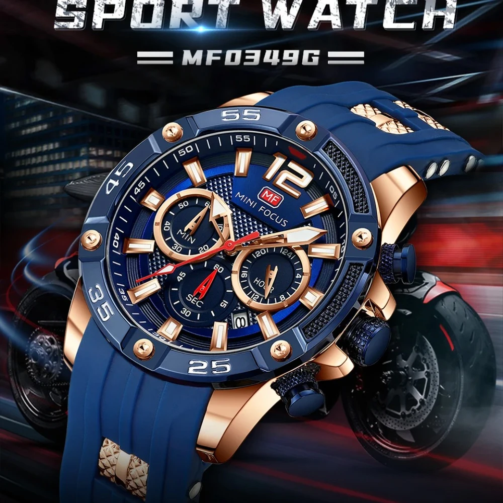

MINI FOCUS 0349, брендовые мужские многофункциональные спортивные кварцевые часы, водостойкий хронограф, модные часы с автоматической датой для мужчин