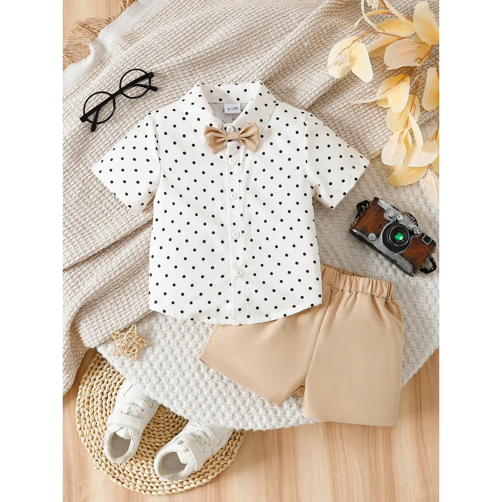 

Toddler Boy Costume Short Sleeved Lapel Bow Polka Dot Short Sleeved Top+khaki Shorts 2PCS Clothing Set for Boy Infant 0-3Years