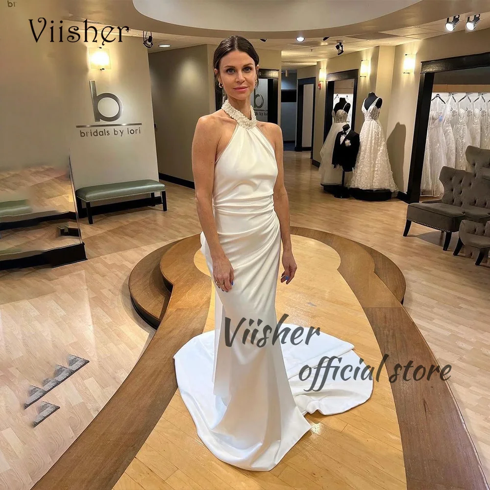 

Viisher Ivory Pearls Halter Mermaid Wedding Dresses Pleats Satin Long Bodycon Bride Dress with Train Beach Wedding Bridal Gowns