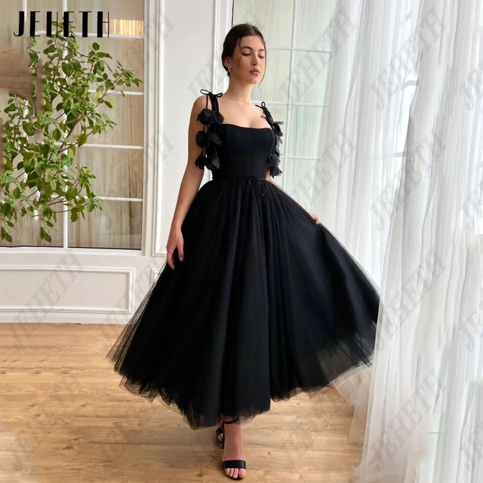 

JEHETH Black Sleeveless Prom Dress For Woman Tulle A-Line Strapless Zipper Back Elegant Evening Gowns Vestidos De Gala Custom