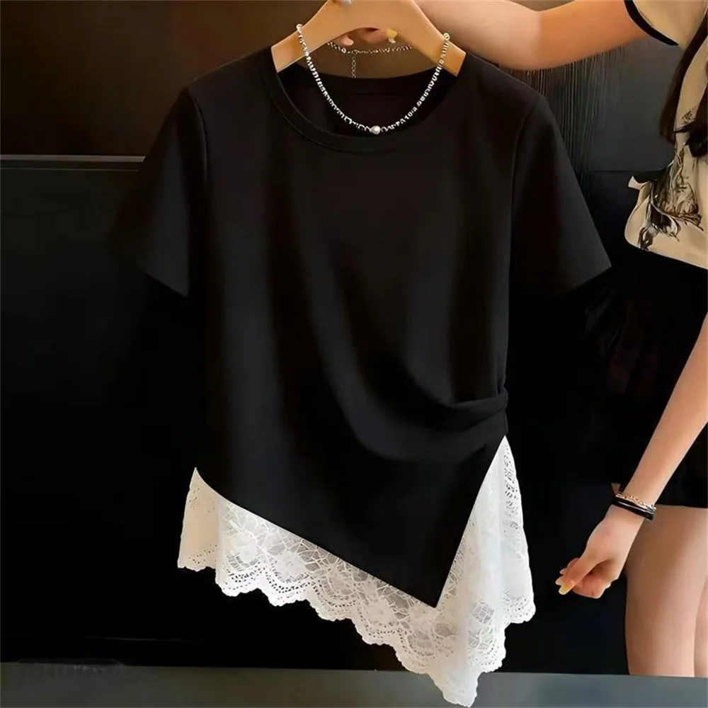 2026 Summer Hot Sale New Fashion Women's Clothing Irregular Lace Patchwork Short Sleeve Tshirt Korea Design Beautiful Tshirt Top