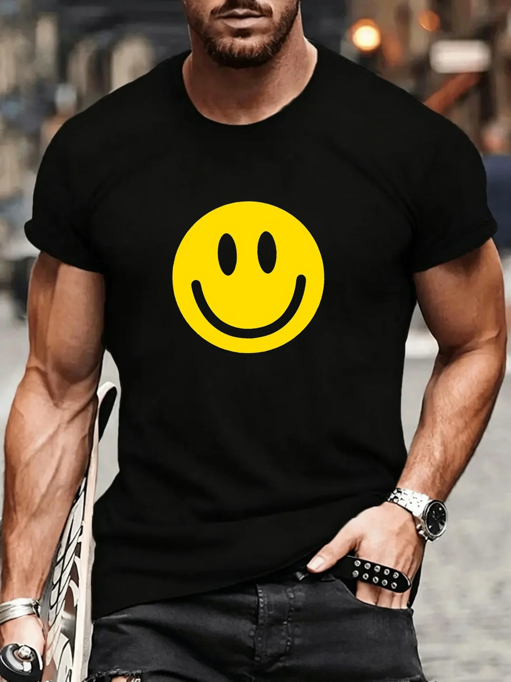 Men's T-Shirt with Healing Yellow Smiley Face Print, Relaxed and Fun Expression of Attitude, Comfortable Casual Crew Neck Top