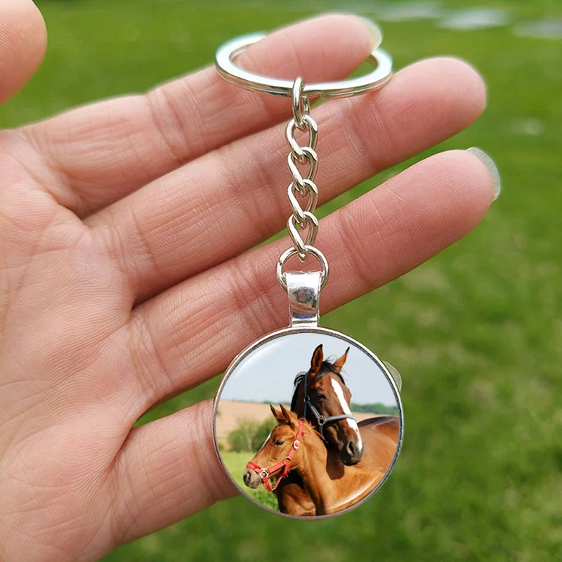 New Horse Keychain for Men Women Horses Glass Picture Handmade Silver Plated Keyring Animal Jewelry