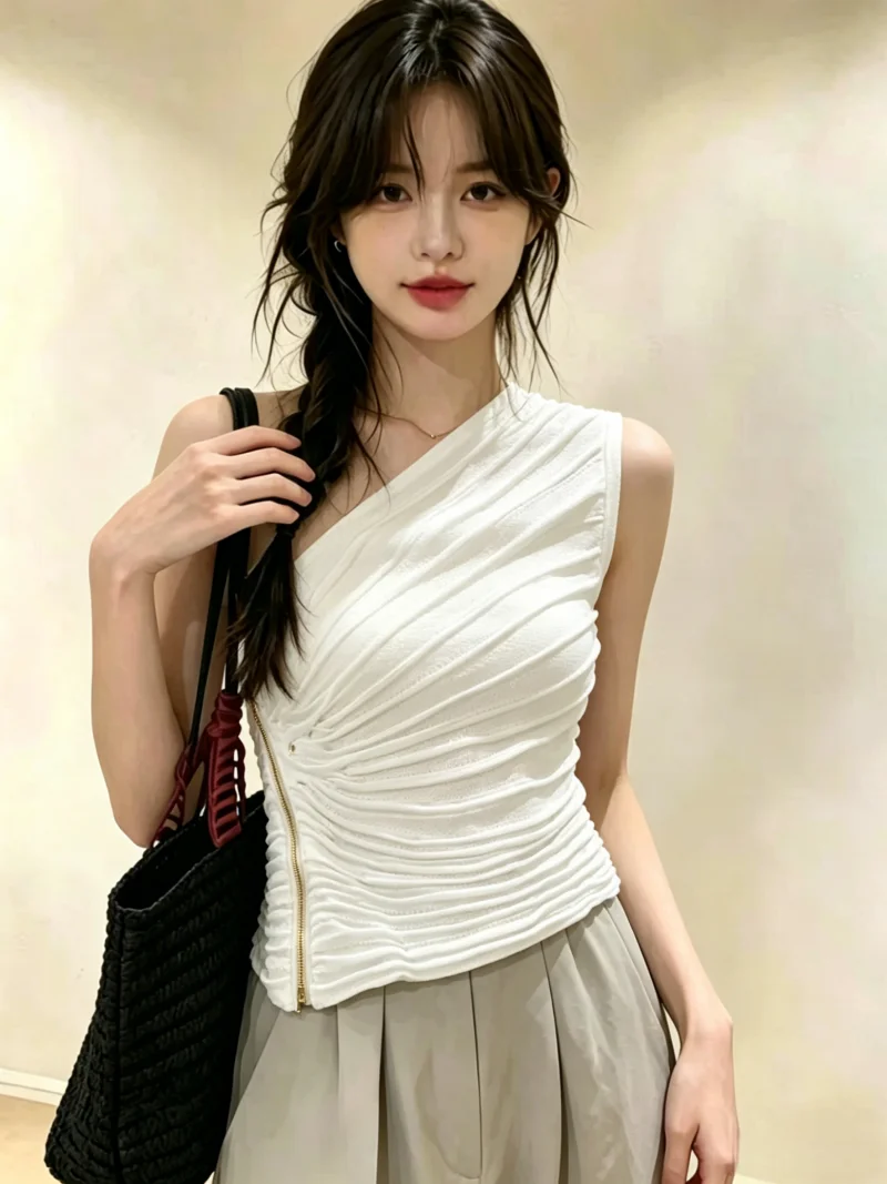 

Summer New Style Women's Sleeveless Vest Folded Slimming Shoulder Exposure Zipper Side Pulling Korean Version Fitted Silk Top