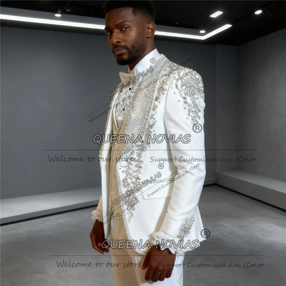 

Свадебные смокинги с серебряными кристаллами и бисером, костюм из 3 предметов по индивидуальному заказу, костюм Homme, облегающий мужской пиджак для выпускного вечера, мужская одежда, наряды