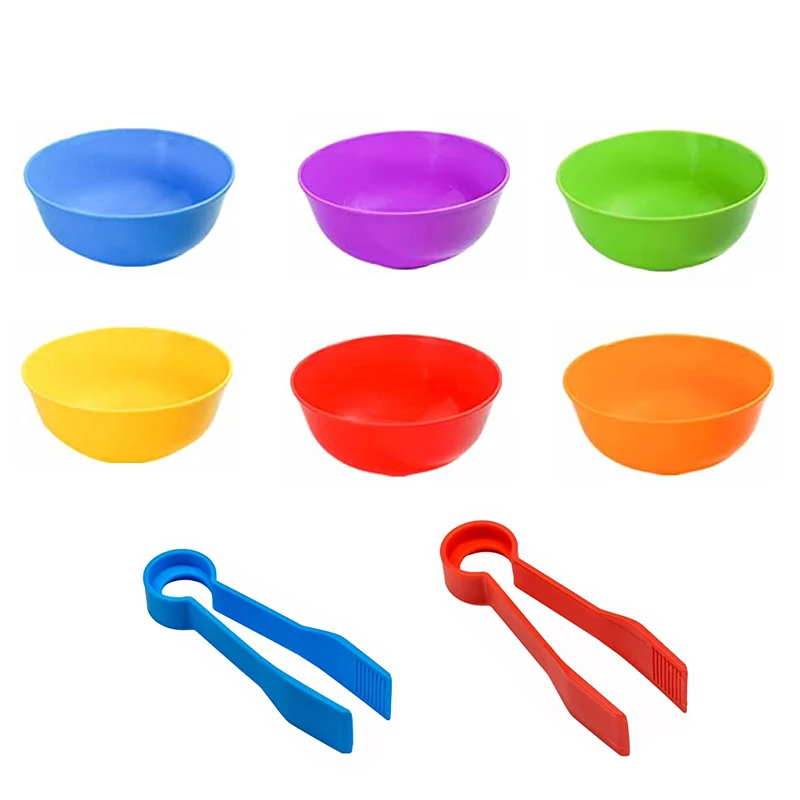 6 Plastic Bowls with 2 Tweezers Rainbow Color Sorting Montessori Fine Motor Skill Learning Activities Toys Gift for Toddlers Kid