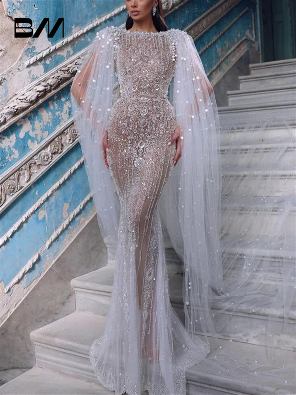 

Sexy Illusion Embroidery Mermaid Wedding Dress Luxury Tulle Rhinestones Women Bridal Gown Custom Made Long Cape Sleeve