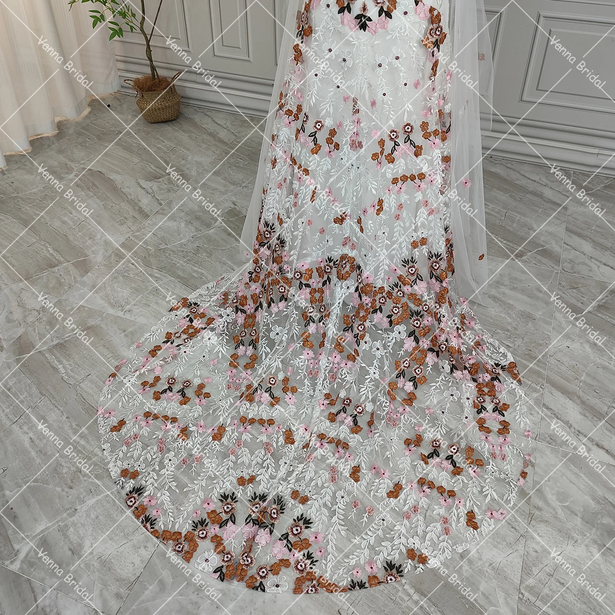 Abiti da sposa colorati con maniche lunghe svasate taglie forti Abiti da sposa con fiori ricamati con cerniera a cuore con sirena personalizzata