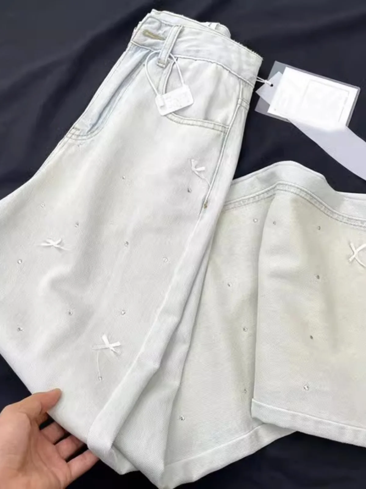 

Джинсы с высокой талией и широкими штанинами, женские весенне-осенние свободные прямые длинные брюки в Корейском стиле с узлом со стразами