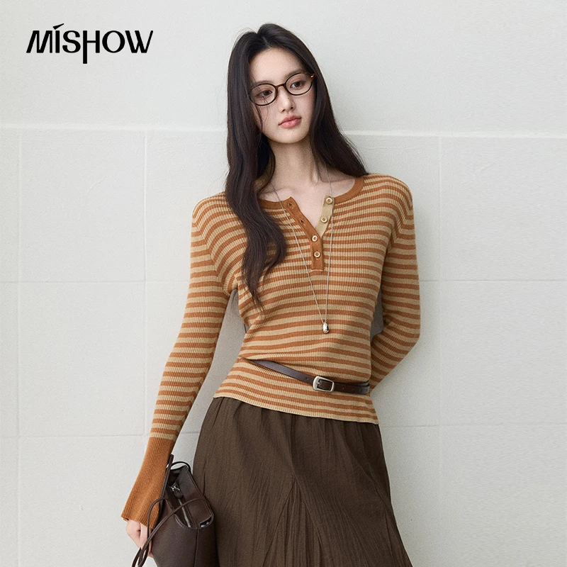 MISHOW Women's Striped Knit Top 2026 Autumn Henley Neck Flare Long Sleeve Slim Ribbed Knitted Basic Pullover tops MXF45Z3193
