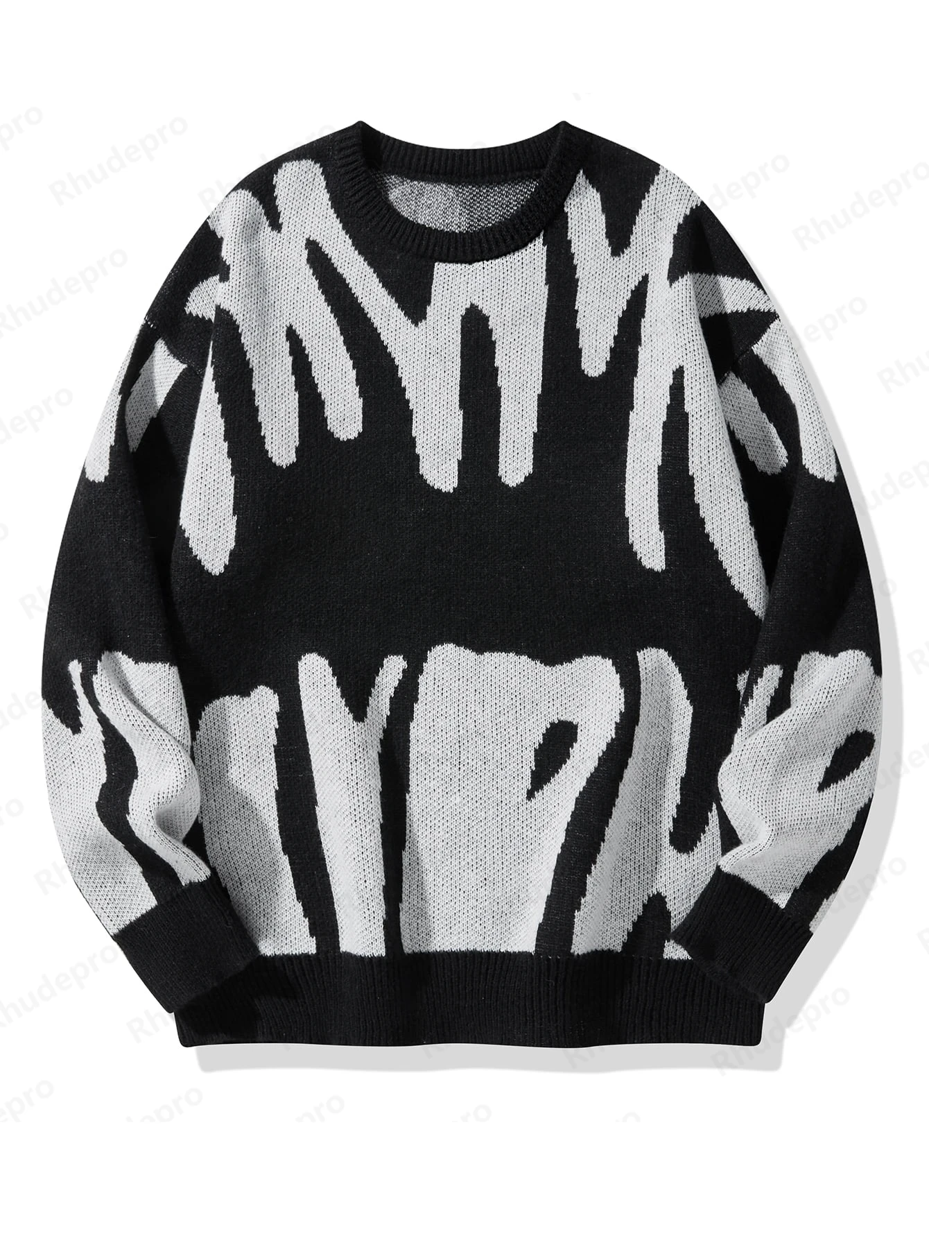 Image of Neuer beliebter Herbst-Winter-Pullover mit unregelmäßigem Jacquardmuster, lässiger Rundhals-Pullover mit Kontrastfarben, gestrickter Herrenpullover