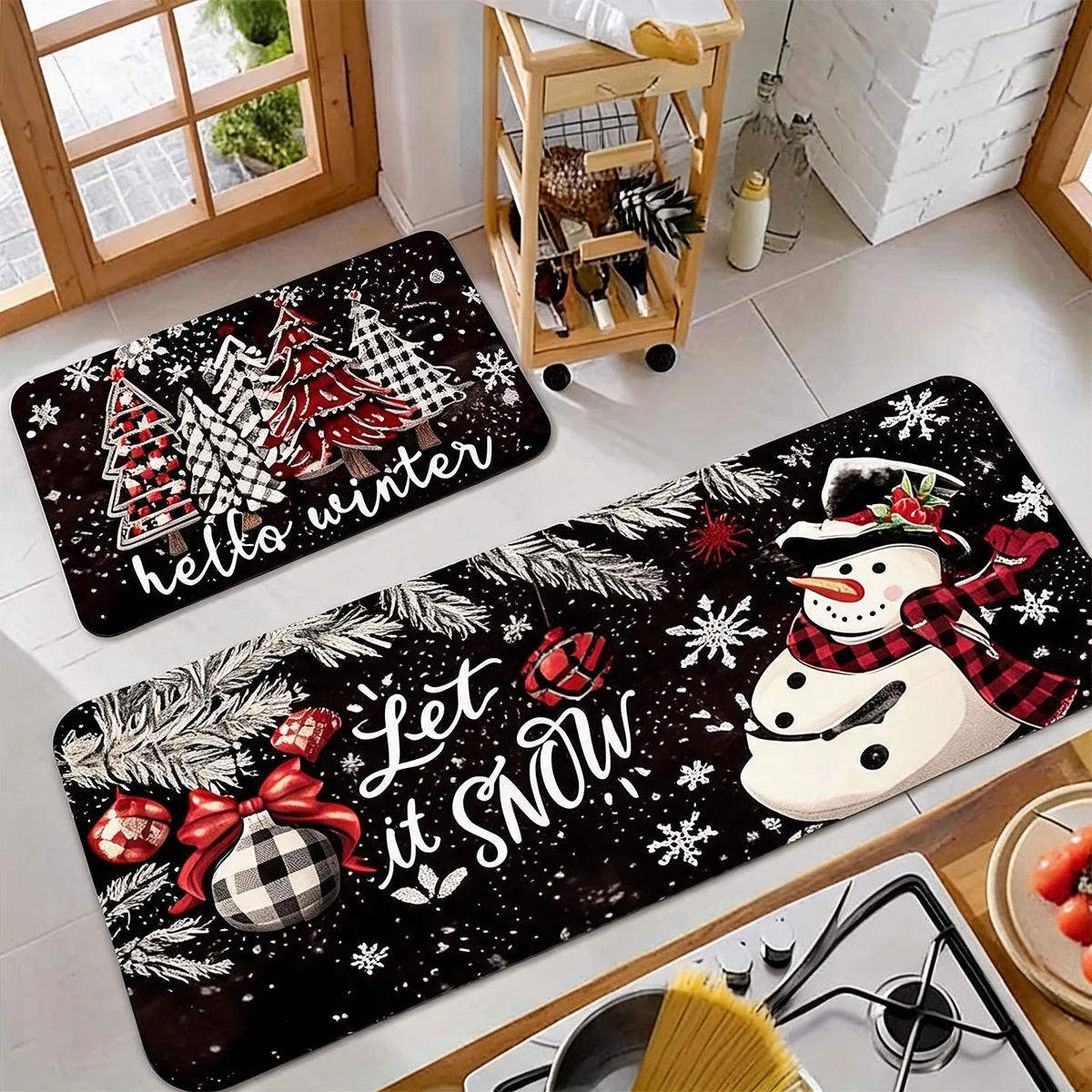 Christmas Kitchen Floor Rug Farmhouse Holiday Print Plush Flannel Mat Non Slip Water Absorbent for Front Door