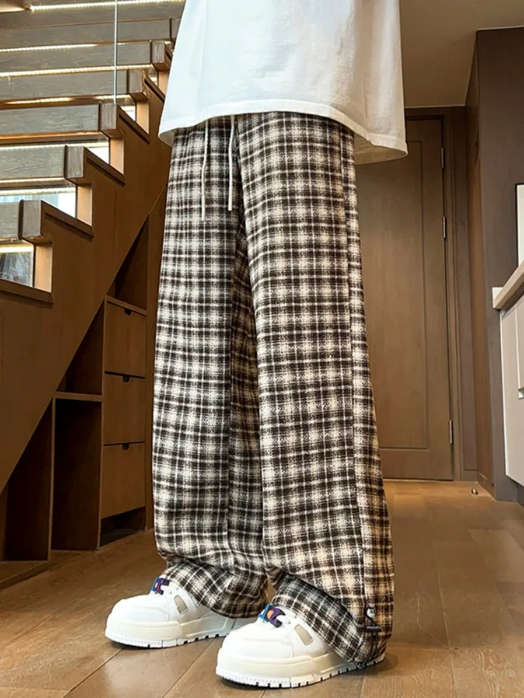 

Trendy Plaid Pants Men's Spring Autumn Loose Drapey Wide Leg American Retro Oversize Trousers Casual Straight Leg Pants