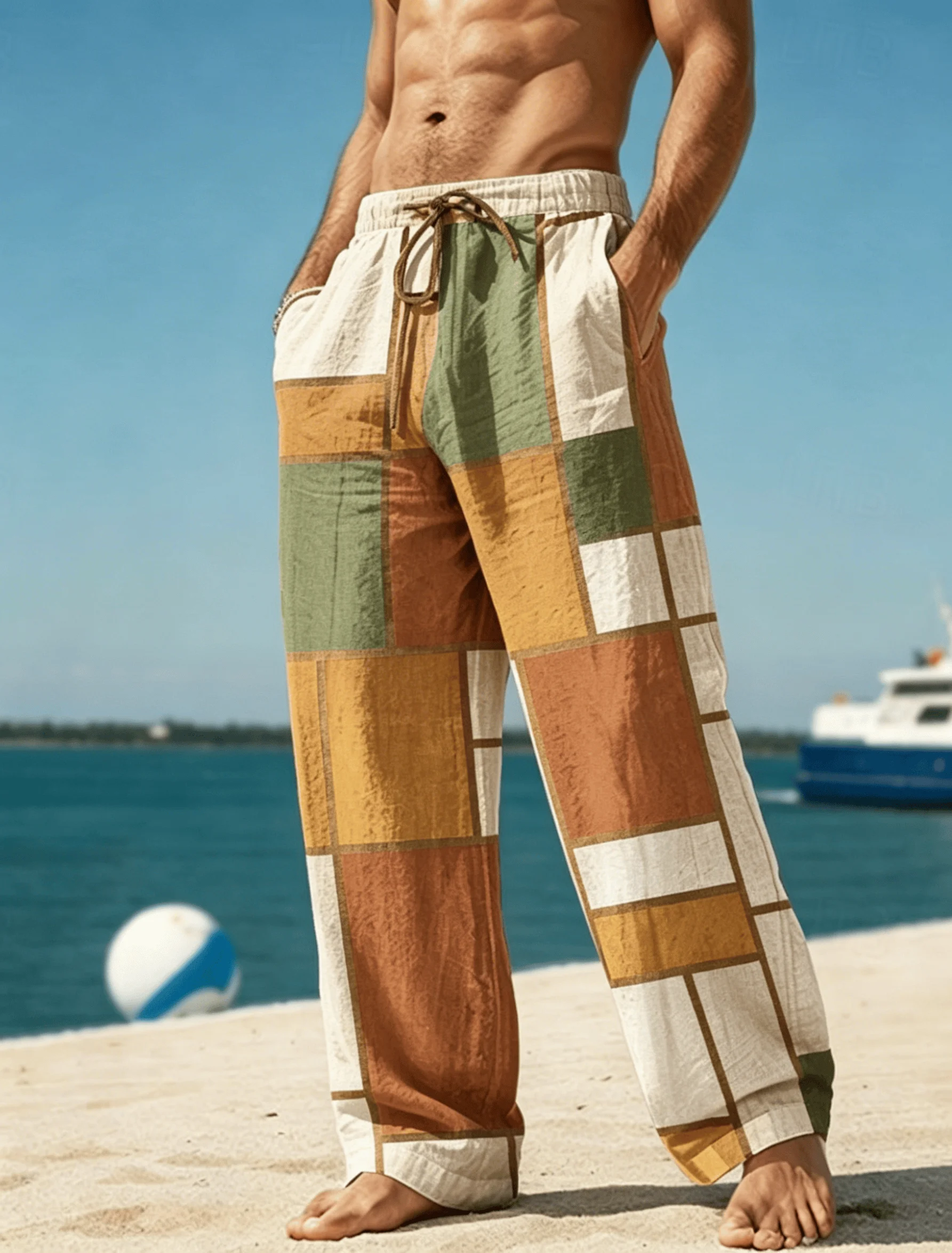 Men's Geometric Color Block Pants,Elastic Drawstring Waist Wide Leg Casual Trousers,Loose Straight Leg Bottoms For Spring Summer