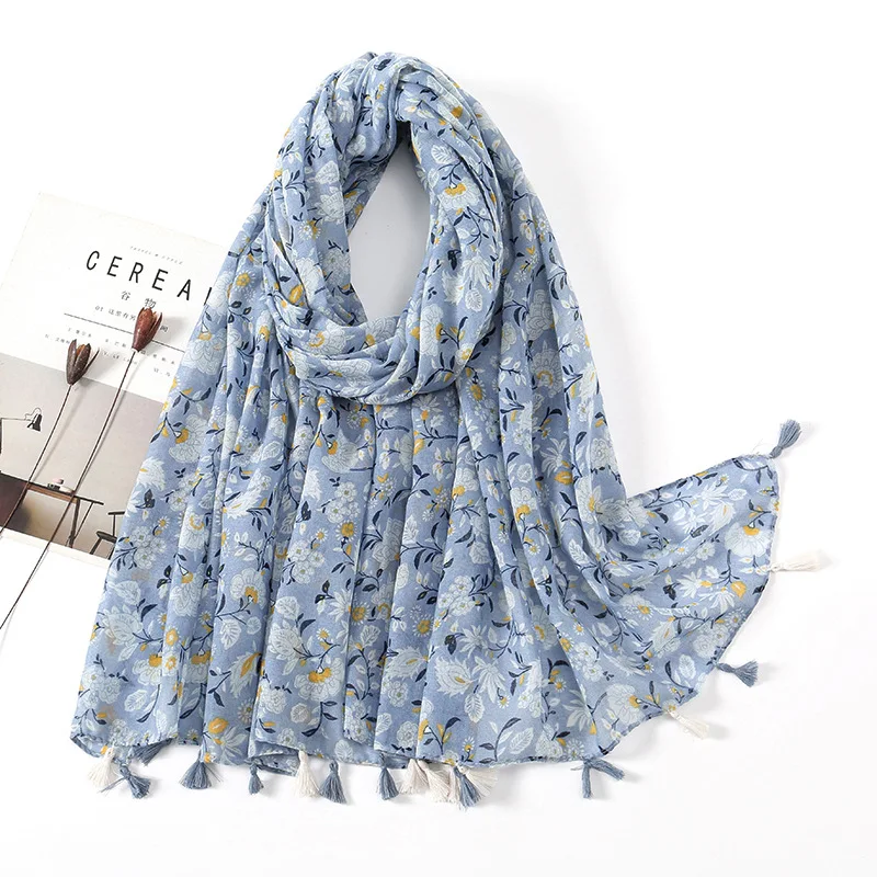 Bufanda de algodón viscosa para mujer, chales florales encantadores, bufandas finas con borlas, Pashmina, Foulard de calidad, novedad de otoño, 2023