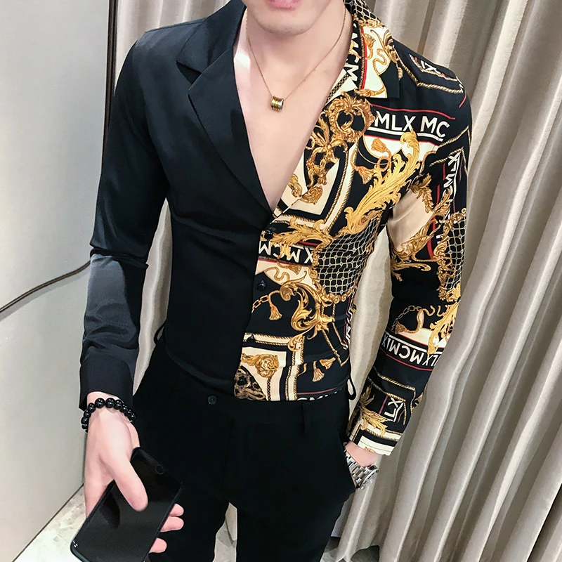 Luxury Black Gold Shirt 2019 Autumn Baroque Men Shirt Long Sleeve Patchwork  Casual Shirt Men Slim Fit Print Party Club Shirt