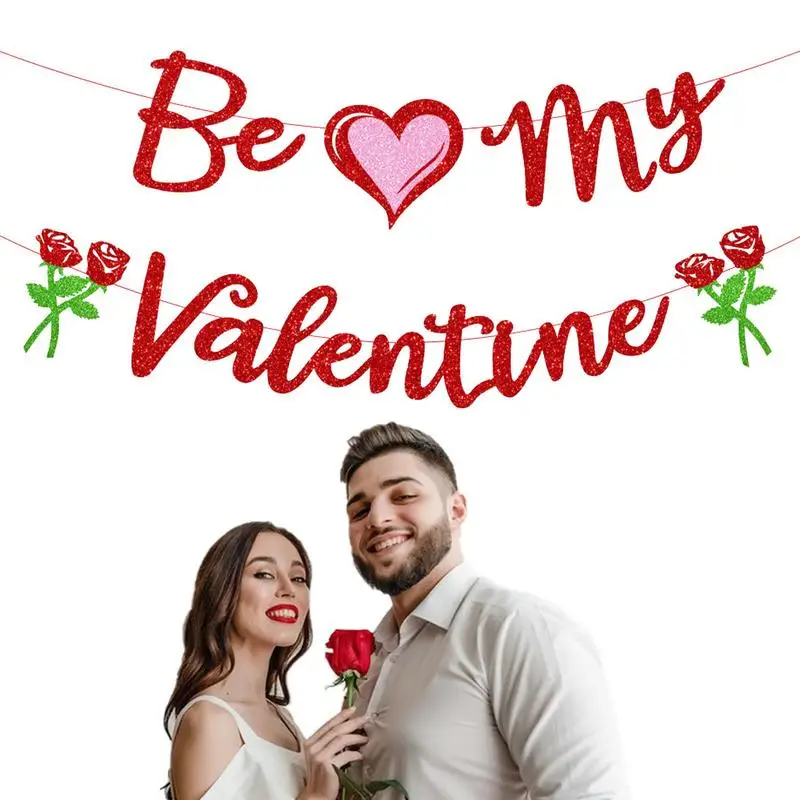 Be My Valentine Banner Glitter Heart Garland Banner Valentines Day Decor Romantic Decorations Valentines Proposal Decorations