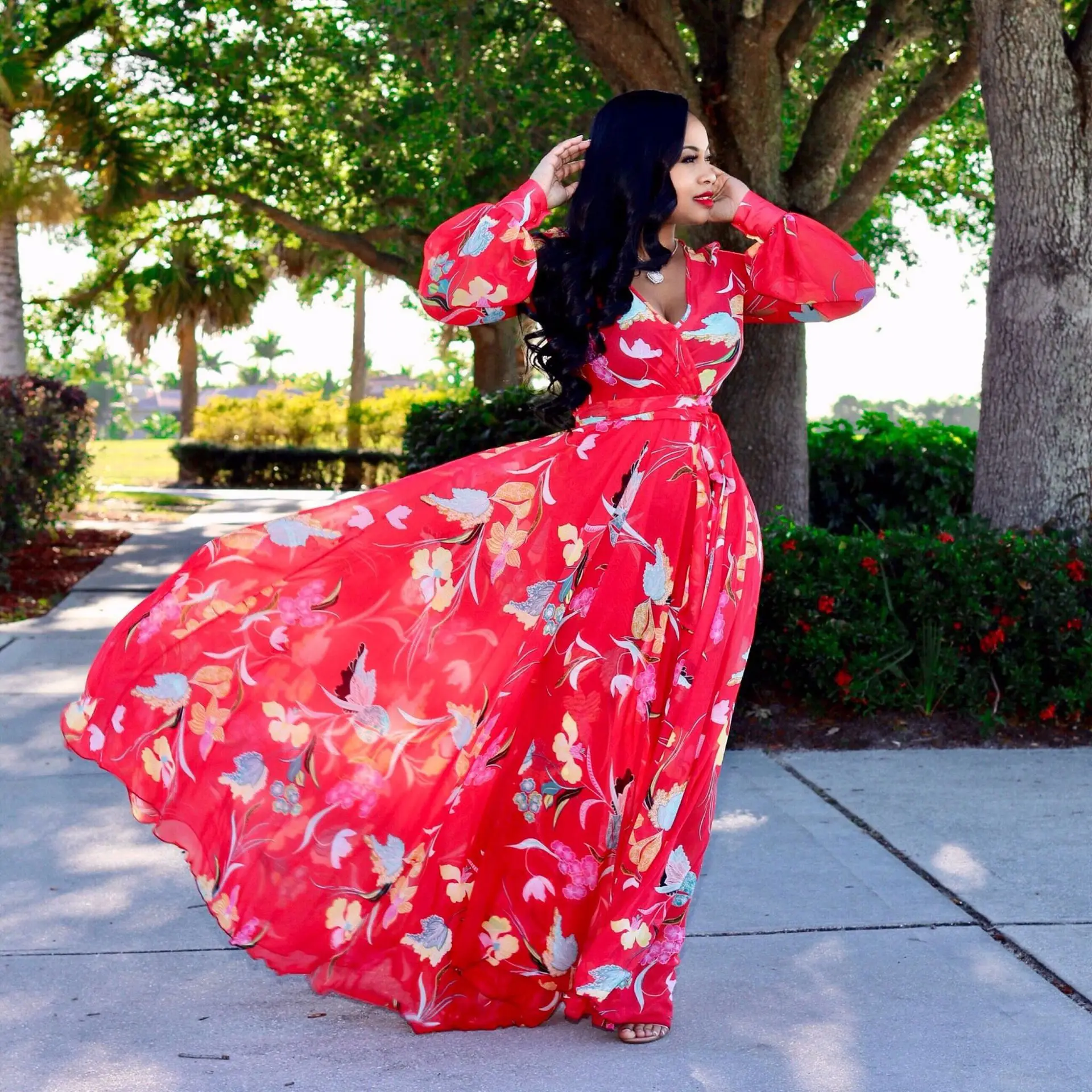 

Customized Elegant Women Leaf Flower Print Sashes High Waist Draped V-neck Maxi Long Dress 2025 Holiday Beach Party Dresses Vest
