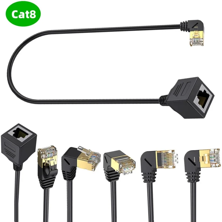 40Gbps Cat8 Extension 8P8C Cable Cord Rj45 Cat8/7/6 Ethernet Lan Network Male To Female 90 Degree Right Anlge For PC Laptop