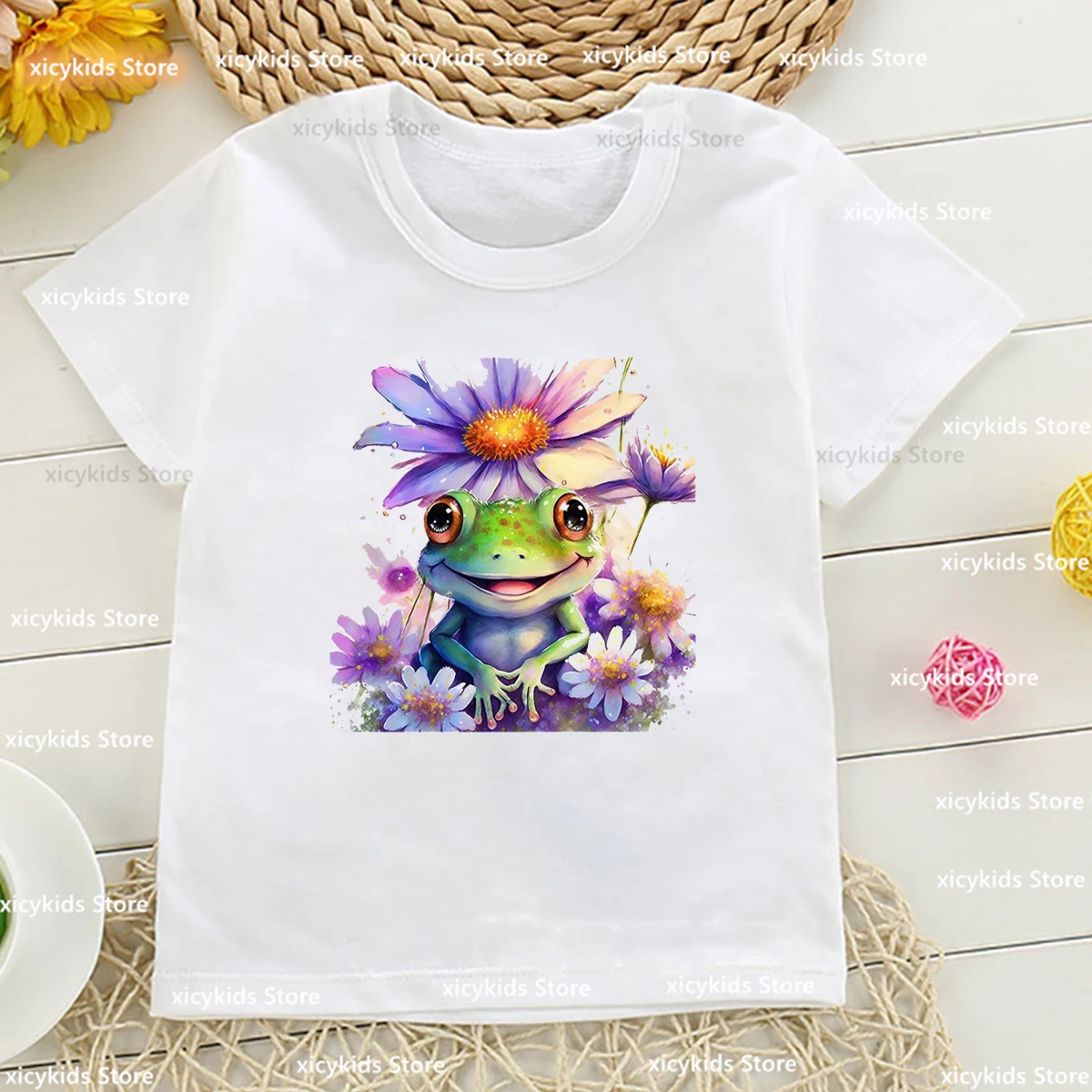 Cute Beautiful Frog Watercolor Printed Girls T-Shirt Summer Harajuku Children'S Tshirt Short Sleeved Top Cute Toddler Tshirt Top