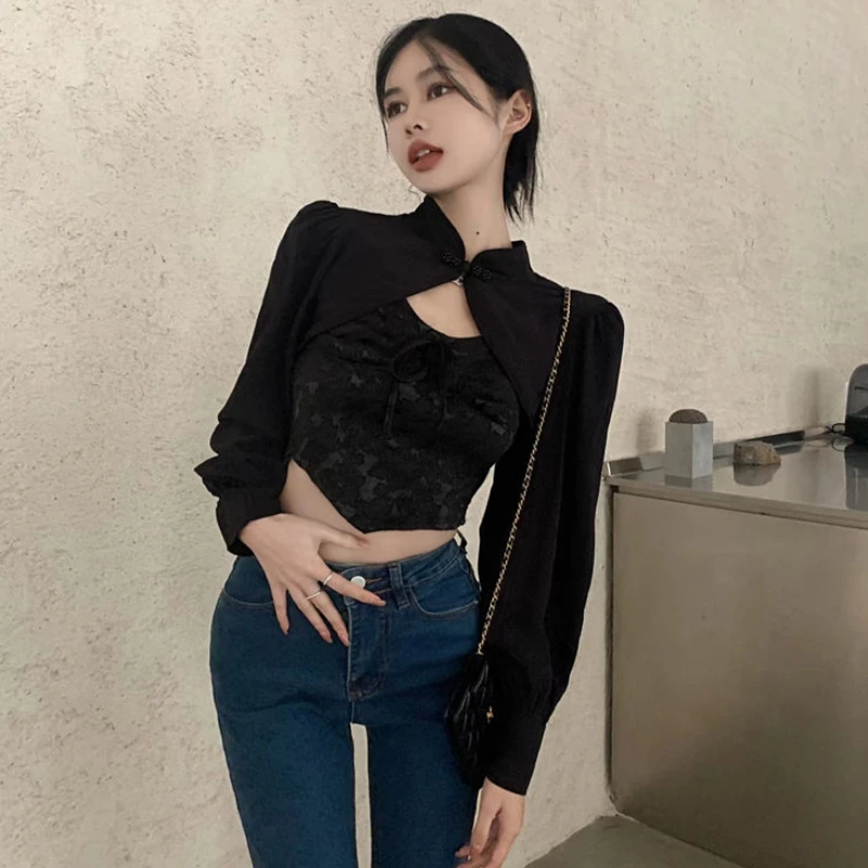 Cropped Blouses Women Elegant Aesthetic Chinese Style Temper Tradition Ladies Stand Collar Designer Luxury Minimalist All-match