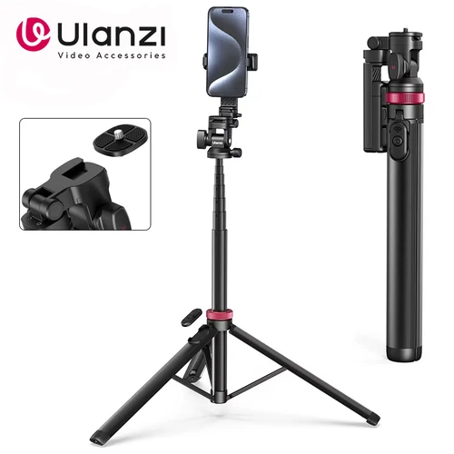 Imagen 1 del producto Ulanzi-trípode MT-78 para cámara de teléfono, placa de liberación rápida, control remoto por Bluetooth, doble zapata fría para Mini Luz de relleno, 1,85 m