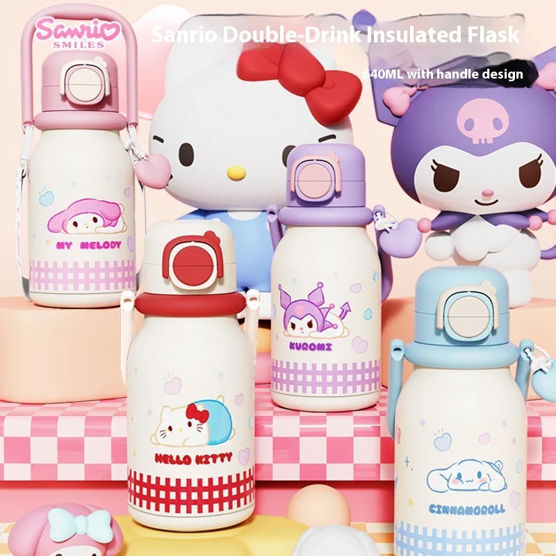 

New Sanrio Anime Peripheral Gifts Handle Thermos Cup For Students 640ml Hellokitty Kuromi Cinnamoroll Water Cup Girl Milk Cup