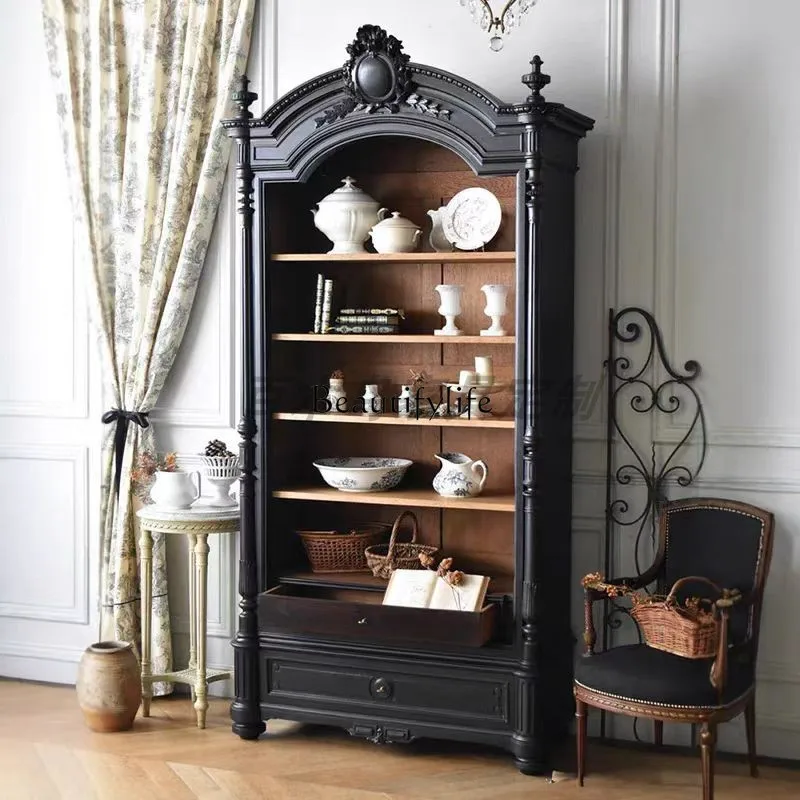 

Black knight style solid wood carving flower bookcase French light luxury decoration display case retro style