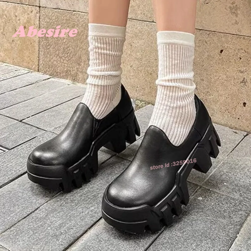 

British Style Leather Shoes Spicy Girls Round Toe Platform Thick Soled Pumps Slip On Mary Jane Black Shallow Pumps Luxury Shoes