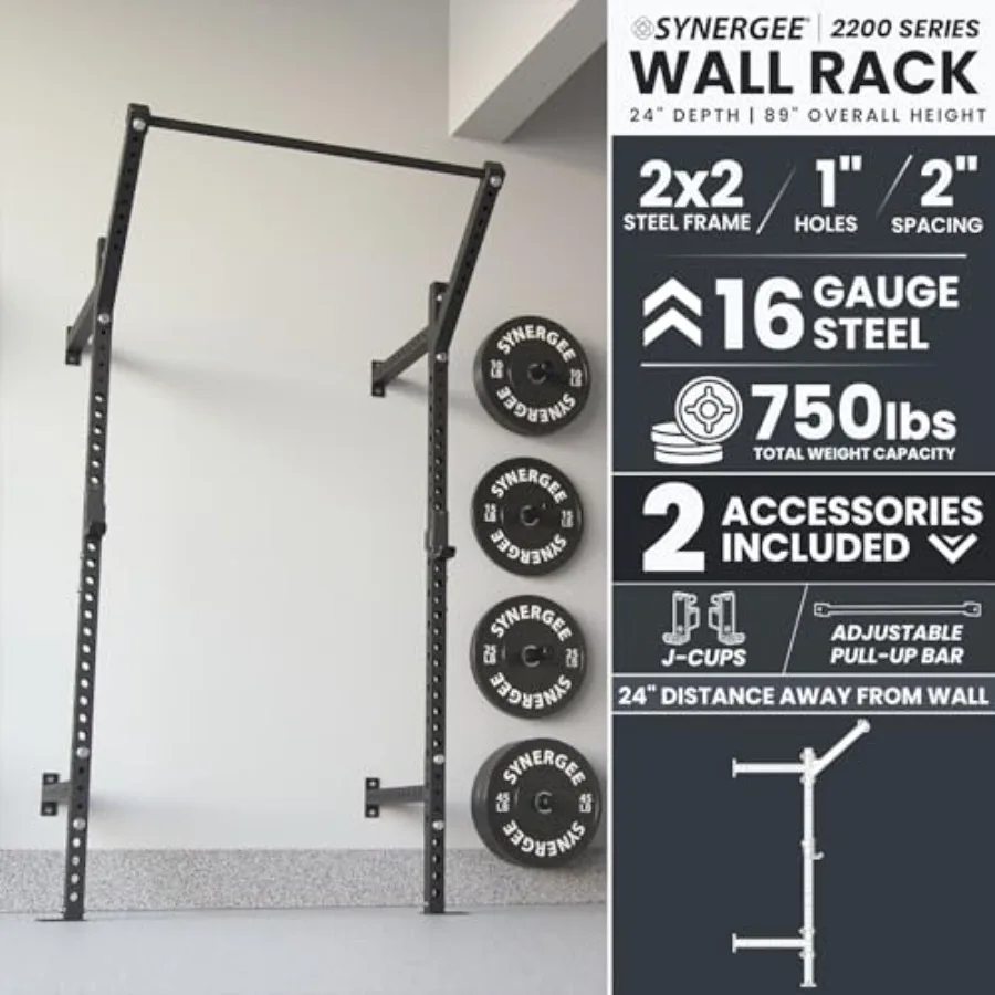 Wall Mounted Squat Rack for home gym use steel construction black finish 750lb capacity with J-Cups and adjustable pull-up bar view 2
