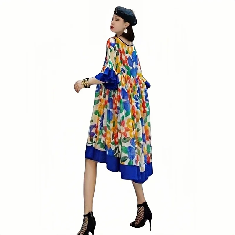 

2025 Brand Plus Size 110kg Irregular Color Block Summer Dress Loose Fit Chiffon Sleeveless European Style Oversize Women Dress