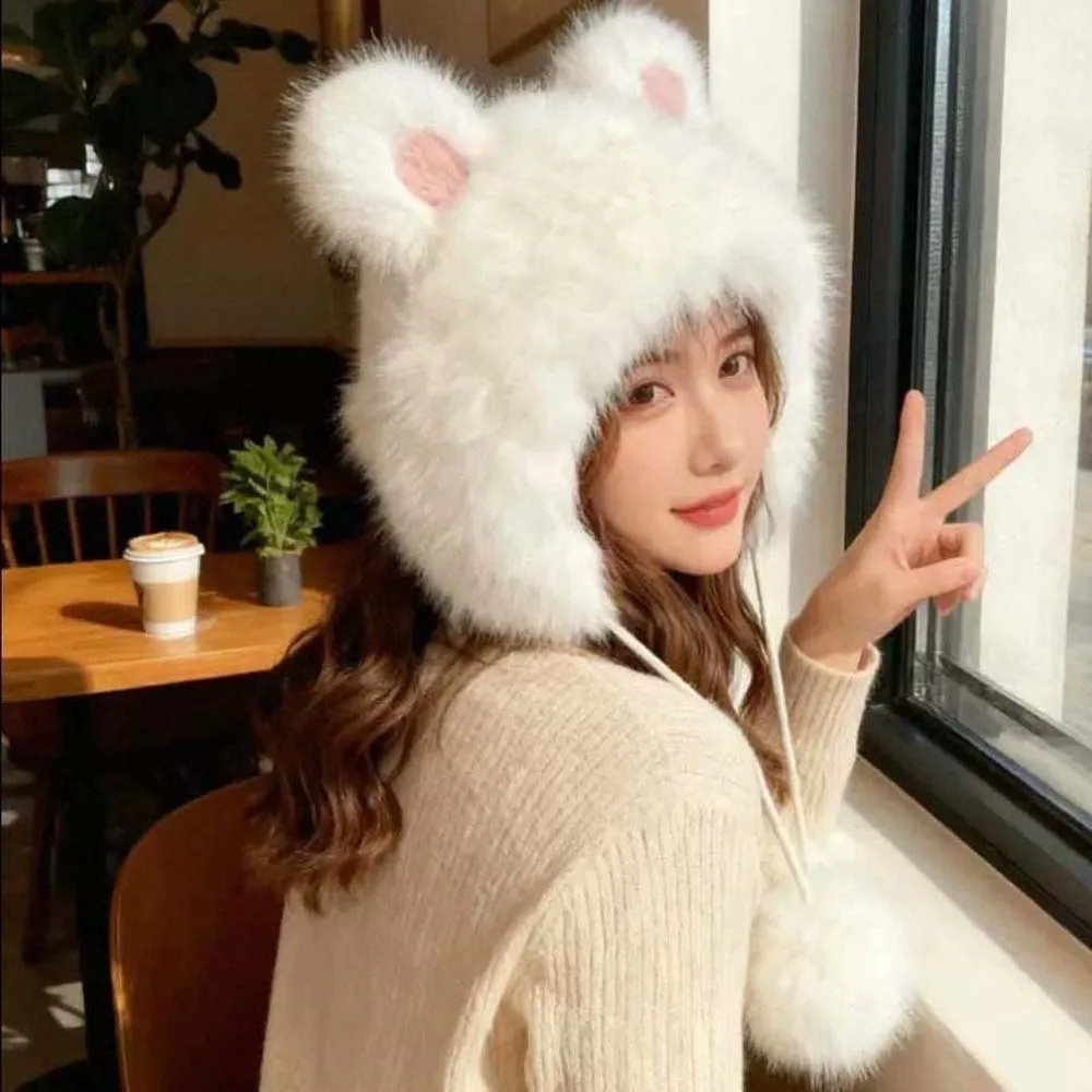 

Lei Feng Cap Anti-cold Winter Plush Hat Windproof Cartoon Rabbit Ear Warmer Hat Solid Color Soft Ear Protection Cap Cycling