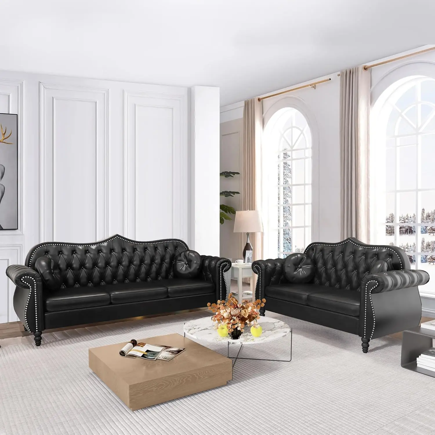 Chesterfield-Juego de sofás seccionales para sala de estar, sofá tapizado de PU moderno de mediados de siglo, botón acolchado clásico, 2 piezas