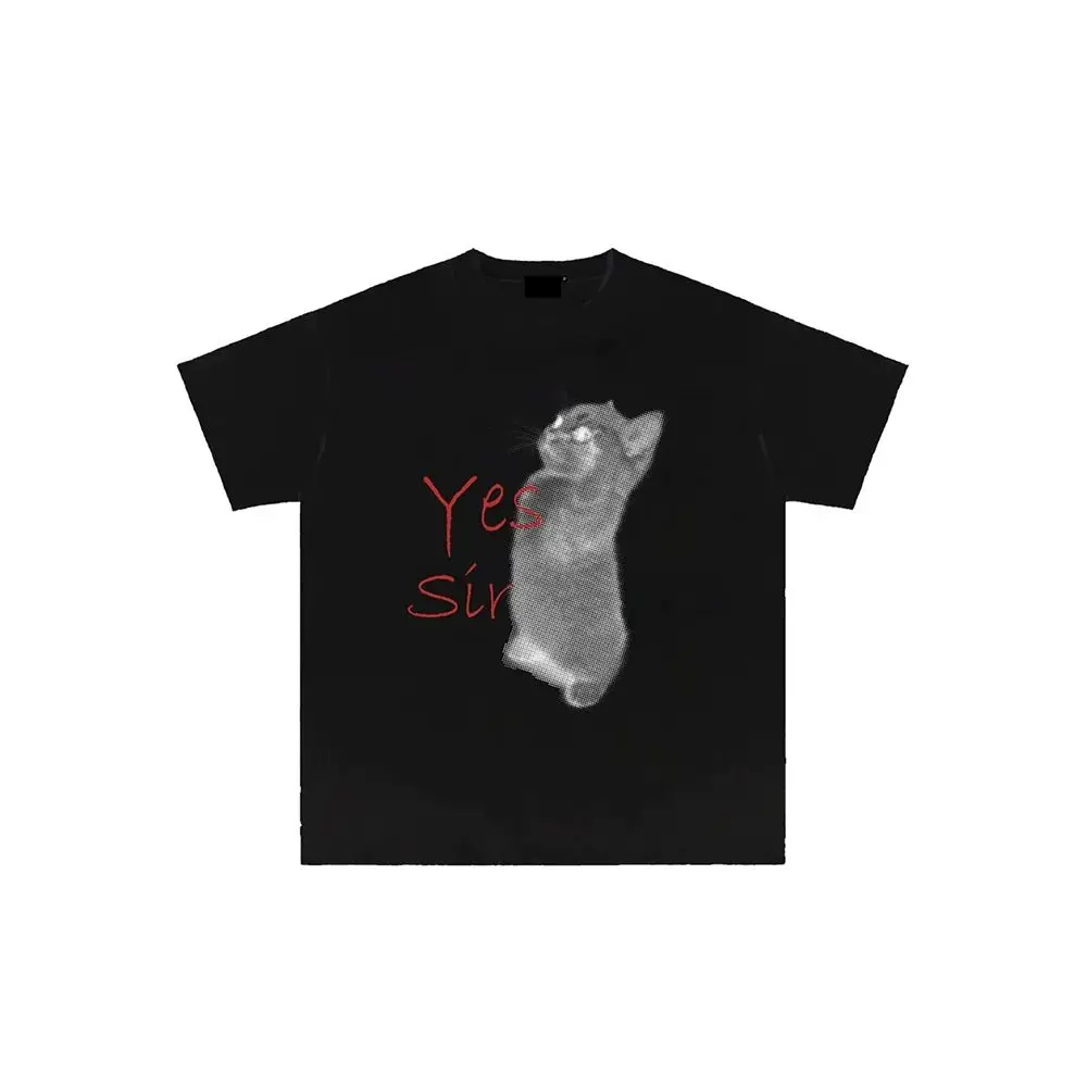 Yes Sir Cute Cat Print Oversized T Shirt Harajuku Tops Y2k Vintage Aesthetic Print Streetwear Funny Cat Meme Casual Tees Unisex