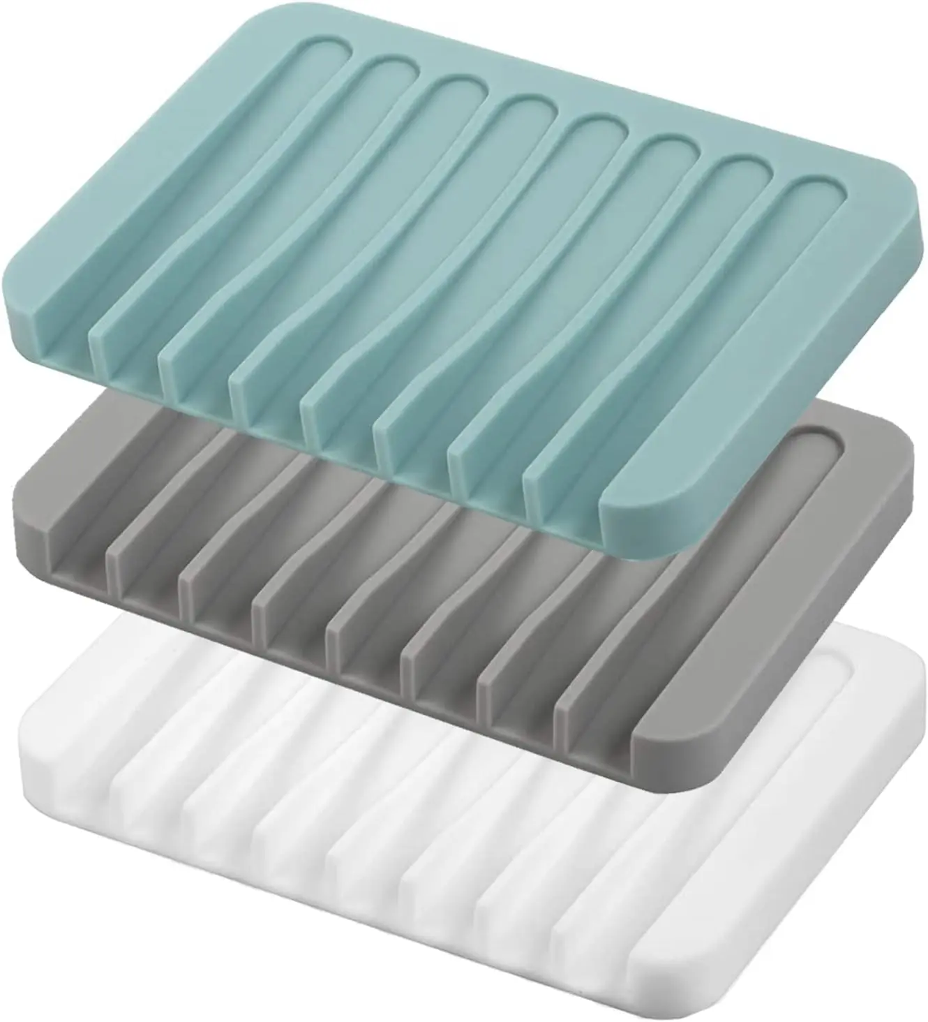 Juego de 3 Jaboneras de Silicona con Drenaje Automático, Escurridor Tipo Cascada, Extiende la Vida Útil del Jabón para Baño, Blanco, Gris, Verde Azulado
