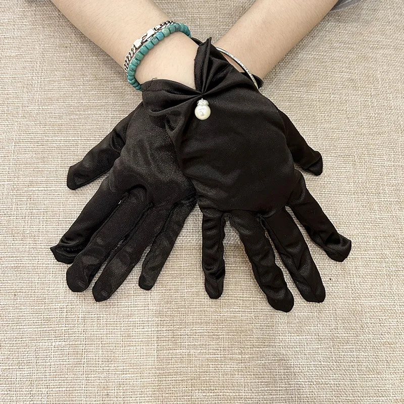 女性用ショートパールサテン手袋-ウェディングリストイブニングドレス-ブライダルグローブ-オペラリストバンケットグローブ