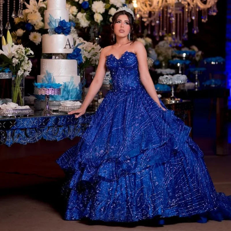 

Shiny royal blue Quinceanera Dress off-shoulder Lace layering Decal Long tail Bow Vestidos De 15 Quinceanera ﻿Customize