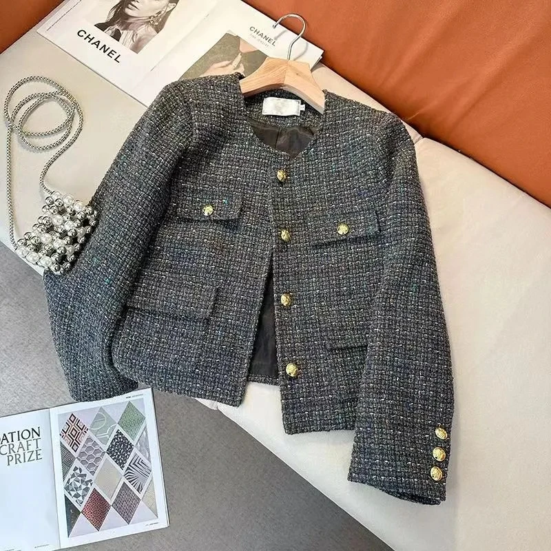 Fragrant Style Short Jacket Women's Spring Autumn Retro Temperament Coarse Tweed Gray Coats