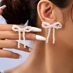 Vintage Imitation Pearl Bowknot Drop Earrings for Women Handmade Beads Long Hanging Earrings Girls Party Wedding Jewelry Gift